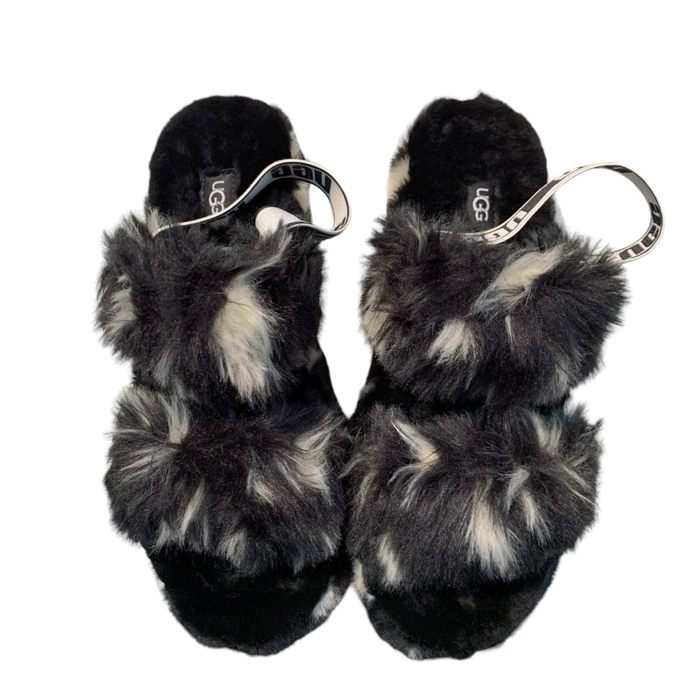 UGG Oh Yeah Spots Fur Slide Sandals Black White Women's Size 10 - Picture 8 of 10